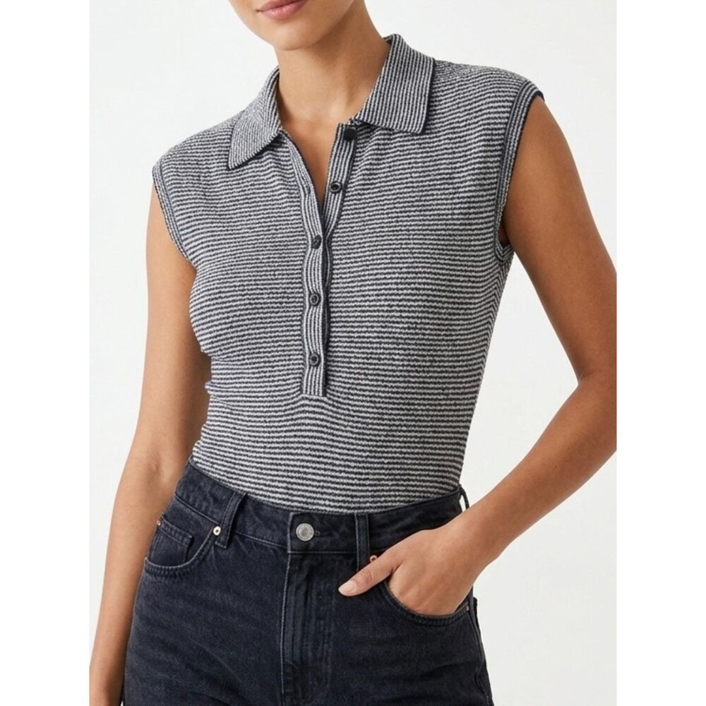 Striped Ribbed Knit Zara Polo Collar Sleeveless Bodysuit Size S Small